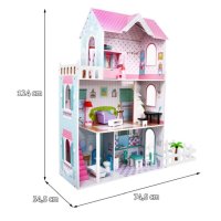 Großes Puppenhaus aus Holz in Rosa für Kinder ab 3 Jahren, Zubehör, Möbel + 3 Etagen