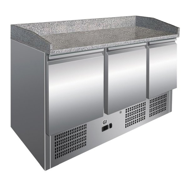 GI Edelstahl Kühltisch mit 3 Türen und Marmor-Arbeitsplatte, Umluftkühlung