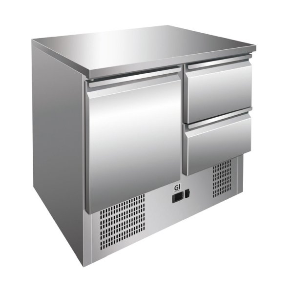 GI Edelstahl Kühltisch mit 1 Tür und 2 Schubladen, Umluftkühlung