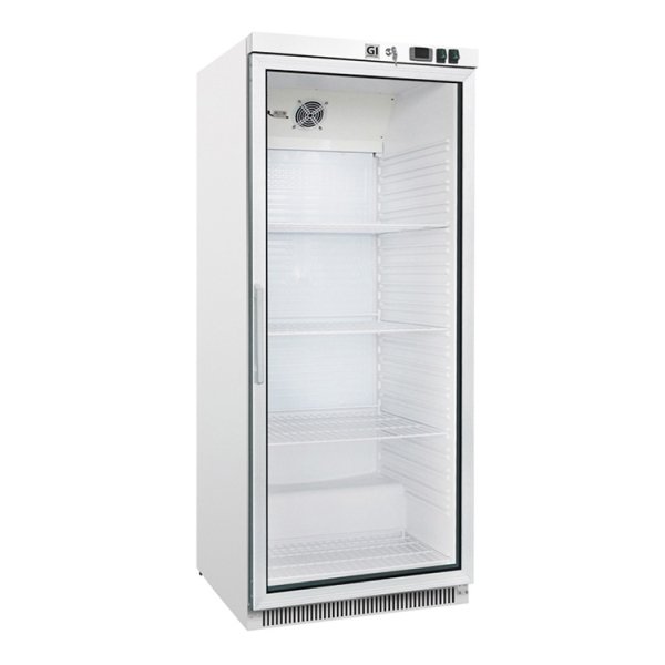 GI Kühlschränk aus weißem Stahl mit Glastür 600 Liter, statisch gekühlt mit Ventilator